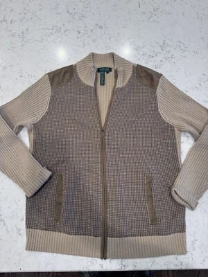 Lauren Ralph Lauren Sz 1X Brown Cotton Suede Shoulders Full Zip Cardigan - Image 1 of 4