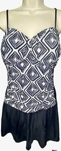 Tropical Escape One Piece Bathing Suit 12 Dark Navy Blue White Geometric Print - Picture 1 of 9