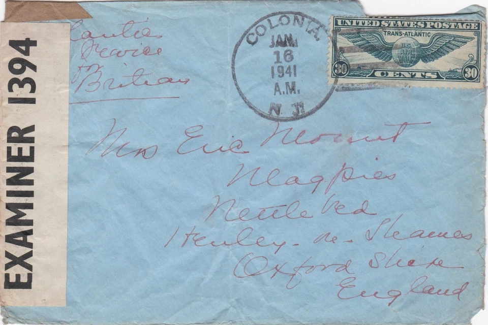1941 USA WWII censored cover sent from Colonia NJ to Henley-on-Thames England - Image 1 of 2