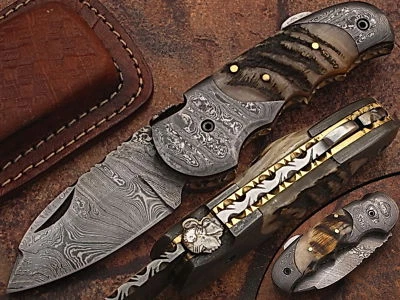 Handmade Damascus Steel Folding Knife – Ram Horn Handle, Liner Lock, DB_5060-R - Image 1 of 4