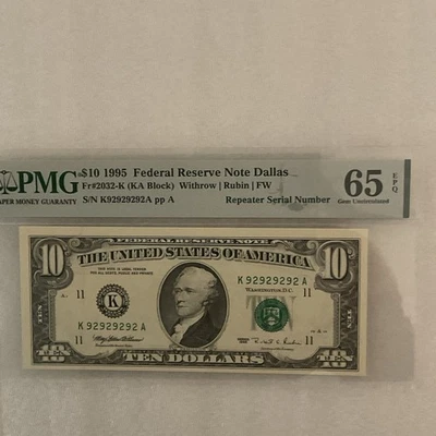 FR#2032-K $10.00 FRN Super Repeater SER# 92929292 PMG 65 EPQ - Image 1 of 3