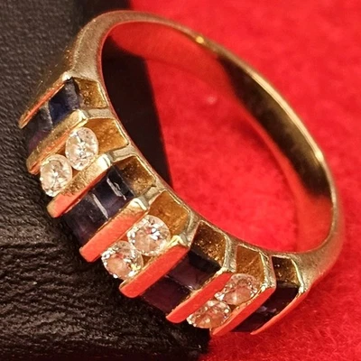 14K Solid Yellow Gold Diamond & Sapphire Band Ring Size 6.25 – 0.30ctw, 4.84g - Image 1 of 4