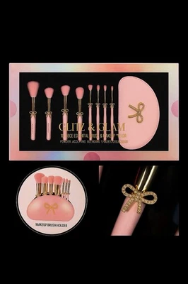 Juego de 8 brochas esenciales con soporte de maquillaje con lazo rosa brillante y glam Foto 1 de 4