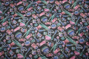 MULTICOLORED SEWING SUPPLIES ON NAVY - 100% COTTON FABRIC - Picture 1 of 5