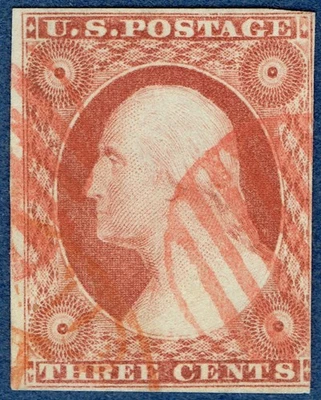 [076] Estados Unidos 1851 Scott #10 o #11 usado 3¢ naranja marrón Washington Foto 1 de 3