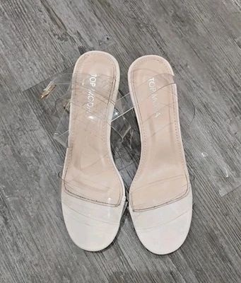 Ladies 7 Clear Lucite Strappy Block Heels Nude Sole Ankle Strap Top Moda - Image 1 of 4