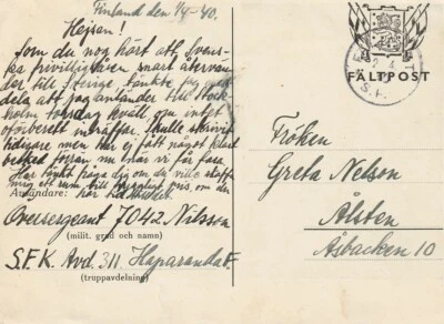 SWEDEN/FINLAND: Postcard Fieldpost SFK from Swedish volunter in Finland 1940.  - Image 1 of 2