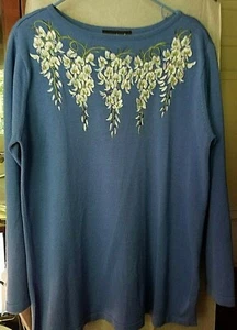 Bob Mackie Wearable Art- Blue Embroidered Wisteria Long Sleeve Sweater- M - Picture 1 of 6