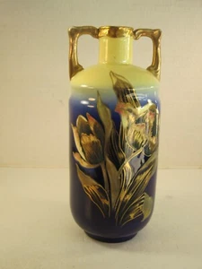 Antique Carlsbad Austria Two-Handled Vase - Cobalt Blue & Yellow w/Tulips - Picture 1 of 7