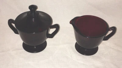 Vintage Anchor Hocking Royal Ruby Red Glass Footed Creamer and Sugar Bowl W LID - Image 1 of 4