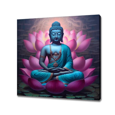 Calm Buddha Sitting In Lotus Pose In Pink Lotus Flower Canvas Print Wall Art - Image 1 of 4