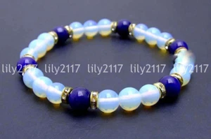 Natural Faceted 8mm White Opal Blue Jade Gems Round beads Bracelet 7.5'' - Picture 1 of 2
