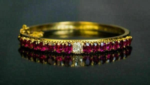 6Ct Oval Cut Lab Created Ruby 14K Yellow Gold Plated Women's Pretty Bangle - Picture 1 of 4
