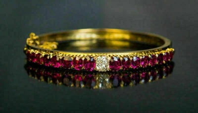 6Ct Oval Cut Lab Created Ruby 14K Yellow Gold Plated Women's Pretty Bangle - Image 1 of 4
