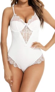 Women's Eyelash Trim Underwrie Snap Crotch One Piece Lace Lingerie Bodysuit Tops - Picture 1 of 33