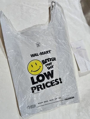 Vtg Wal-Mart Plastic Grocery Bag Canada  1996 Yellow Smiley Face  Paper Reciette Foto 1 de 4
