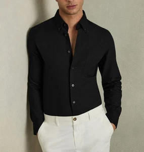 REISS Greenwich Slim-Fit Button Collar Cotton Oxford Shirt Black 2 PLY COTTON XL - Picture 1 of 2