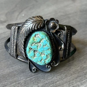 Large Vintage Native American Navajo Sterling Silver Turquoise Cuff Bracelet 47g - Picture 1 of 19