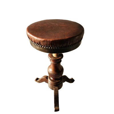 XIXè Tabouret Harpe Piano Tripode en Acajou et Cuir Vis Bois Artisanale - Photo 1/4