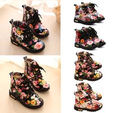 Kids Girls Toddler Flowers Mid-Calf Martin Shoes Anti-Slip Lace Up Ankle Boots