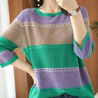 Women Pullover Mid-Sleeve Blouse Knitted Sweater Stripe Hollow Bottoming Shirt