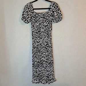 Lulus Smocked Midi Dress Womens Medium Black White Animal Print Off Shoulder NEW - Picture 1 of 9