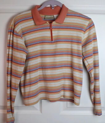 VTG 80s Liz Claiborne Lizwear Pullover Cropped Striped Collared L/S Top 1/4 Zp S - Image 1 of 3
