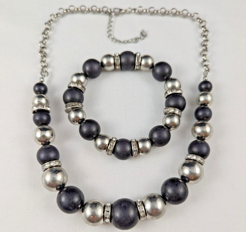 VETEMENTS Set collana e bracciale elastico con perline tono argento e nero con rondelle