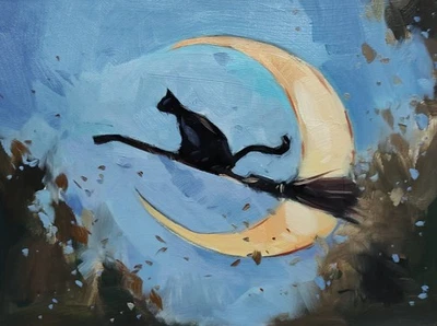 Коллекционная художественная гравюра Хосе Трухильо 16x20 дюймов ведьма черный кот луна - Изображение 1 из 4