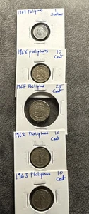 1962, 63, 67, 68,69 Philippines 10 Cent, 25 Cent & 1 Cent Non Magnetic. 5 Coins - Picture 1 of 16