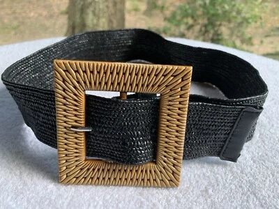 VTG Corset Belt Womens XS Stretch Raffia Straw Black Chunky Wicker Faux Leather - Image 1 of 4