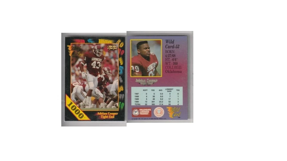 1000 Stripe 1991 Wild Card #53 Adrian Cooper Oklahoma Sooners Pittsburg Steelers - Image 1 of 1
