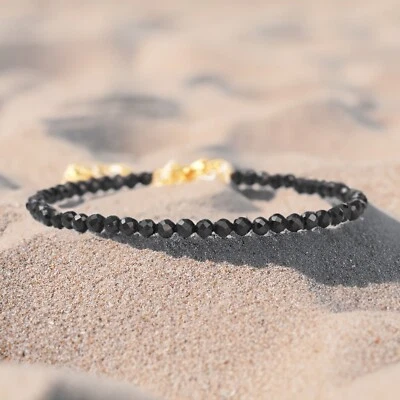 Браслет женский черный турмалин граненые бусины регулируемый нержавеющая сталь - Изображение 1 из 3