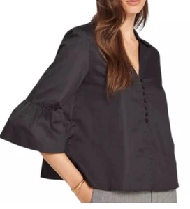 Club Monaco Poplin Shirt Women Size XL Black V-Neck 3/4 Bubble Sleeve Blouse - Picture 1 of 9