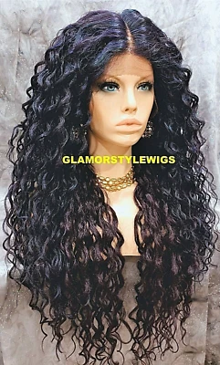 38” PELUCA COMPLETA FRONTAL DE ENCAJE EXTRA LARGA CAPAS RIZADA NEGRA PÚRPURA AZUL MEZCLA CALOR OK Foto 1 de 4