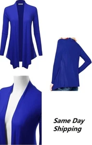 BLUE Open Front Drape Cardigan Short Sleeves Solid Lightweight Cardigan MED - Picture 1 of 1