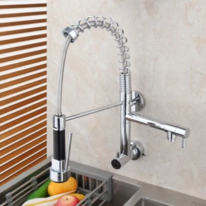 Grifo frío cromado 360° tirón giratorio de cocina grifo de montaje en pared de una sola palanca - Imagen 1 de 12
