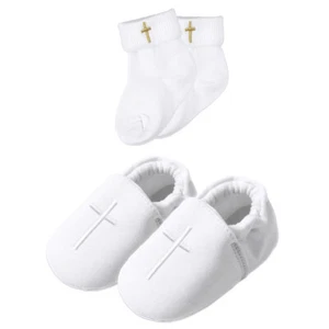 Baby Boy Baptism Shoes Christening Socks Infant White Embroidered Cross Set 2PCS - Picture 1 of 7