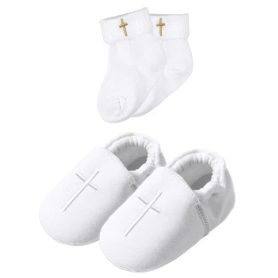 Bebé Niño Bautizo Zapatos Bautizo Calcetines Infantil Blanco Bordado Cruz Conjunto 2 PIEZAS Foto 1 de 4