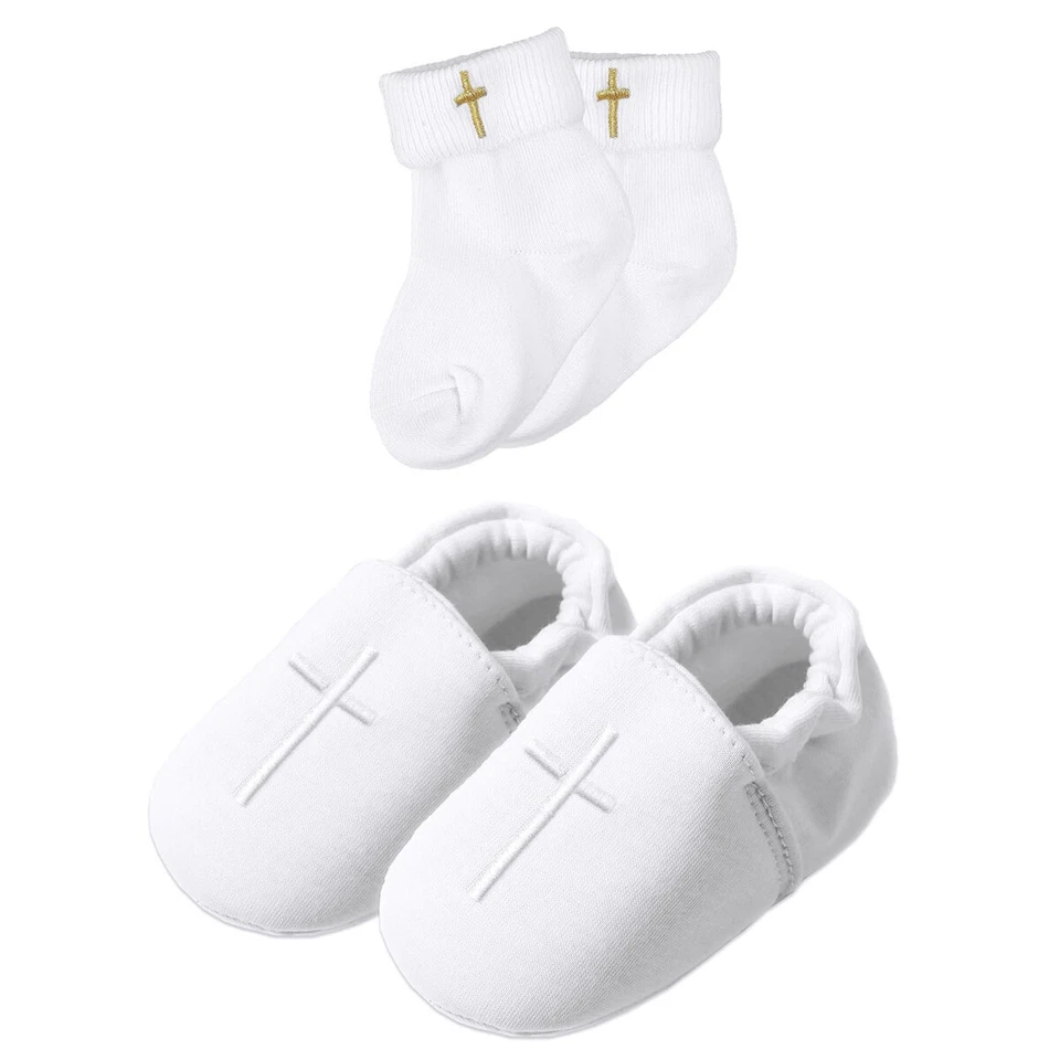 Baby Boy Baptism Shoes Christening Socks Infant White Embroidered Cross Set 2PCS - Image 1 of 4