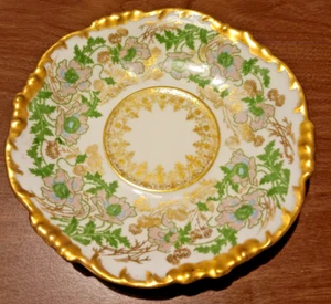Vintage Art Nouveau JP Limoges Pink & Blue Poppies & Gold Bouillon Saucer - Picture 1 of 4