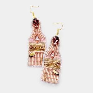 NEW Pink Champagne Bottle Rhinstone Beaded Drop Dangle Statement Earrings - Picture 1 of 1