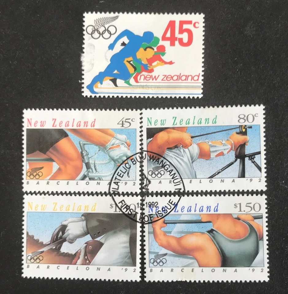 New Zealand 1992 "Olympics" FDI complete set of 4 Stamps + Olyp Design Com Stamp - Image 1 of 1