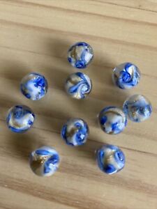 10 BLUE SWIRL GOLD SAND CLEAR WHITE ROUND 12mm Lampwork glass beads  DIY jewelry