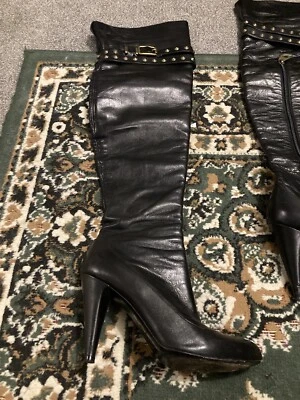 MARC JACOBS Black Leather Heeled Knee High Boots Eur 38 UK5 Buckle Stud Detail - Image 1 of 4