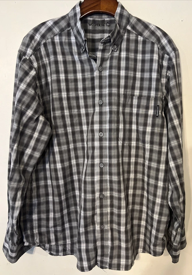 Wolverine Shirt Mens Large Button Workwear Plaid Pocket Black Gray Long Sleeve - Image 1 of 4