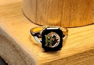 Anello Vintage Odd Fellows Figlie di Rebecca 10k GF Vetro Smaltato Nero Misura 8,5 - Foto 1 di 9