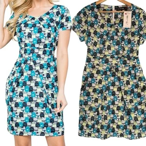 NWT 50s Pinup Cat Novelty Print Dress WOMENS Size LARGE Pockets Green Blue M - Picture 1 of 13