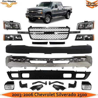 Front Bumper Chrome & Headlights Kit For 2003-2006 Chevy Silverado 2500 HD 3500 - Imagem 1 de 4
