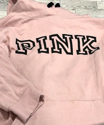 Victoria’s Secret Rosa Sudadera con Capucha Suéter Negro Deletrear Logo Rosa Claro L Foto 1 de 4